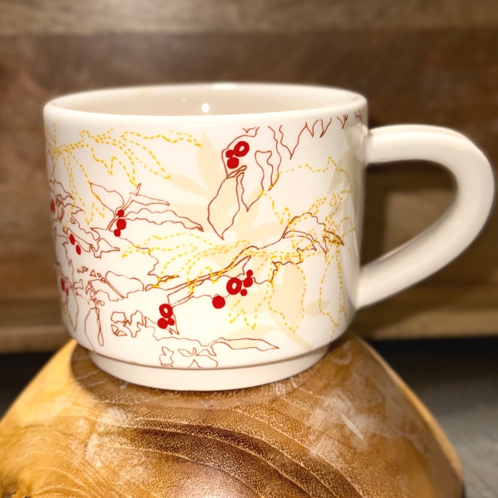 Starbucks Coffee Mug 2009 Floral Berry Design White Red Yellow Stackable 10oz‎